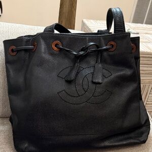 CHANEL cavier leather wood cc drawstring bucket bag